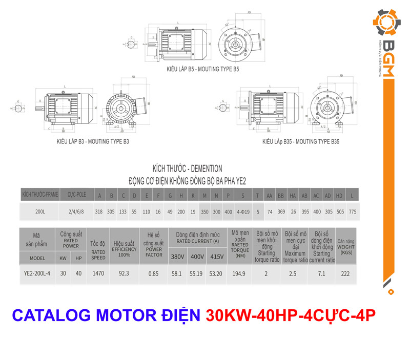 - Bản vẽ và các Thông số kĩ thuật Motor điện 30Kw - 40Hp: