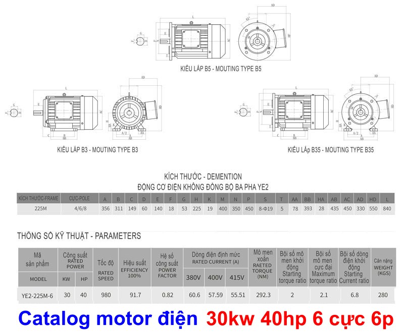 Bản vẽ chi tiết thông số motor 30kw-40Hp 6p