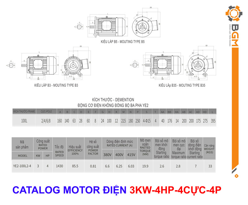  catalog motor điện công suất 3kw-4hp: