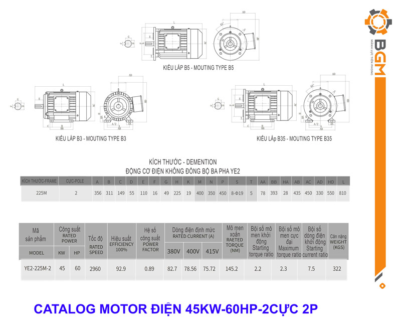 catalog của Motor điện 45Kw - 60Hp-2 cực-2p