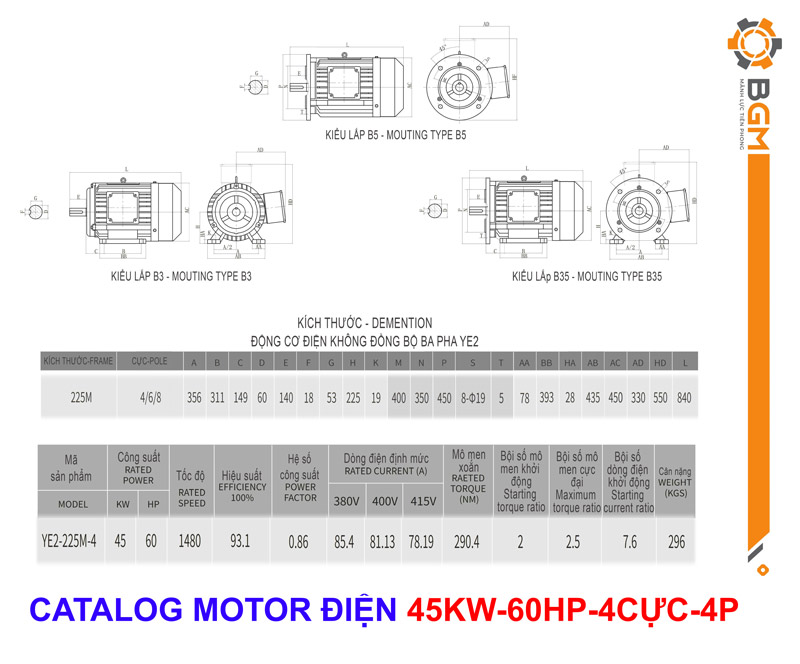 - Bản vẽ chi tiết thông số Motor điện công suất 45kw-60hp: