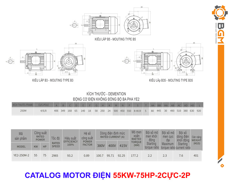catalog motor điện 55kw-75hp-2cực-2p