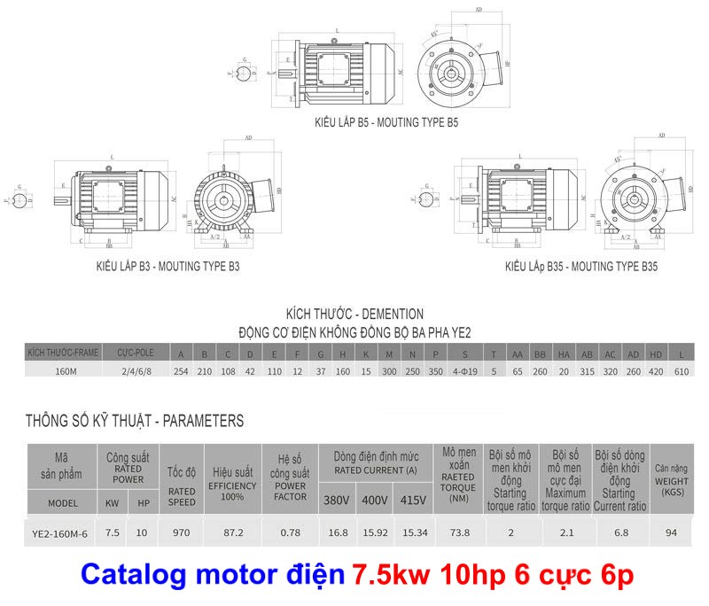 - Bản vẽ và thông số Motor 7.5kw 10hp 6p