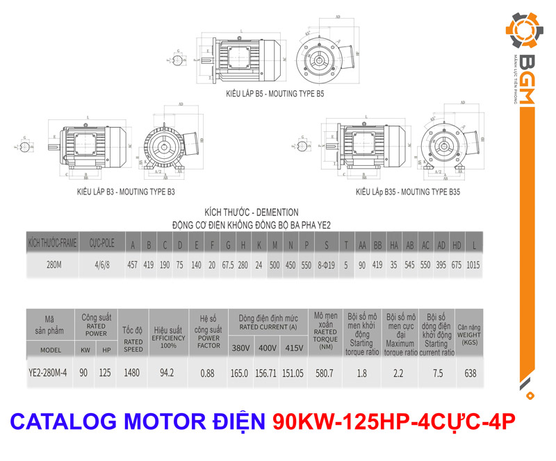Bản vẽ Thông số Motor điện công suất 90Kw - 125Hp