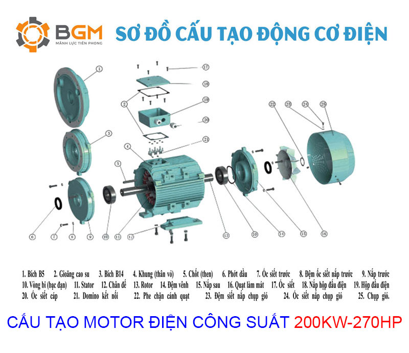 sơ đồ cấu tạo chi tiết của Motor điện 200Kw - 270Hp