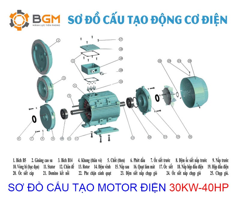 sơ đồ cấu tạo chi tiết của Motor điện 30Kw - 40Hp -4Cực-4p