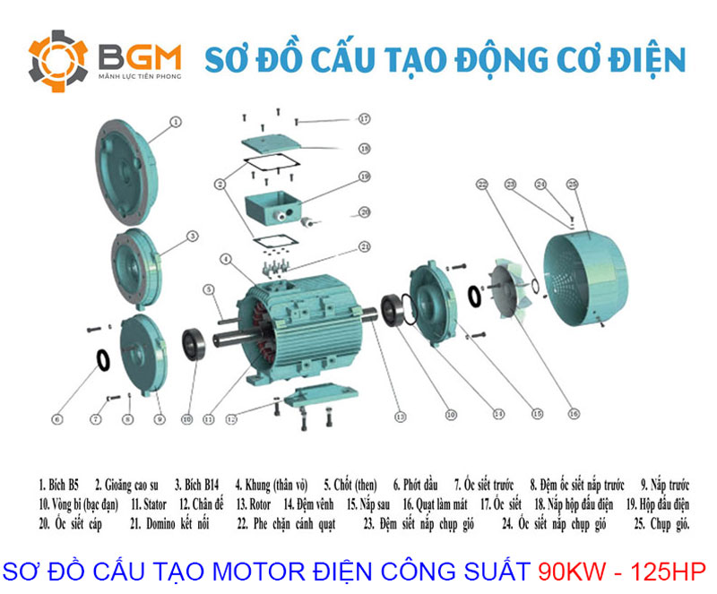 sơ đồ cấu tạo chi tiết của Motor điện 90Kw - 125Hp-2cực-2p