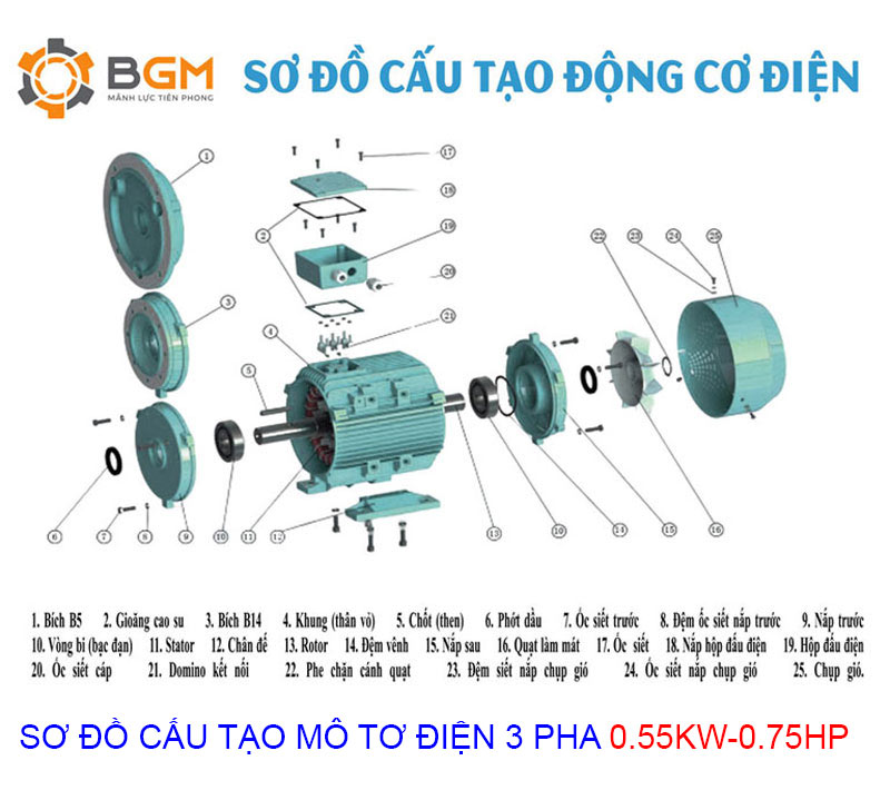 sơ đồ cấu tạo mô tơ điện 3 pha 0.55kw 0.75hp