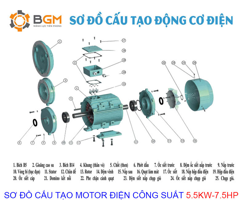 sơ đồ cấu tạo chi tiết của Motor điện 5.5Kw - 7.5Hp