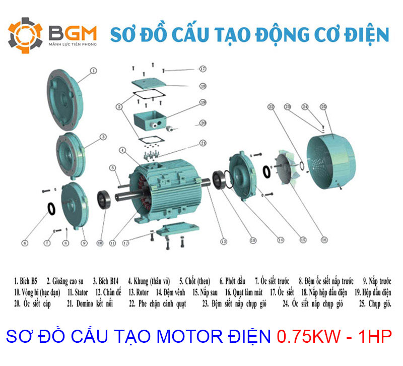 cấu tạo chi tiết motor điện 0.75Kw - 1Hp -4cực-4p