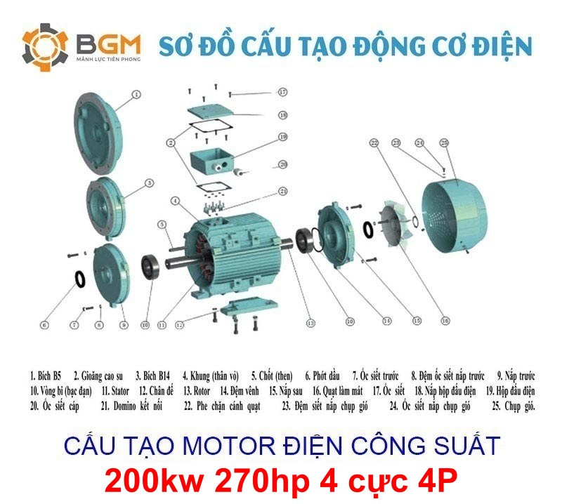 sơ đồ cấu tạo chi tiết của Motor điện 200KW - 270HP 4Cực (4P)