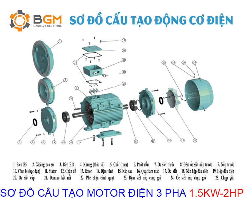 Sơ đồ cấu tạo chi tiết của Motor điện 3 pha 1.5Kw - 2Hp