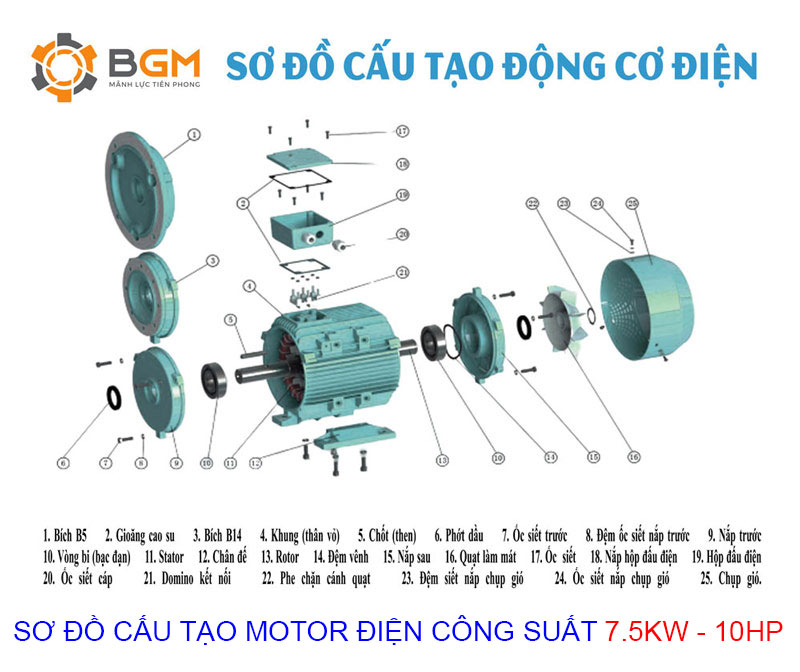 sơ đồ cấu tạo chi tiết của Motor điện 7.5Kw - 10Hp: